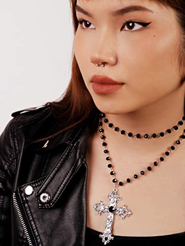 Sacina Layered Black Beaded Cross Y2k Necklace, Gothic Emo Grunge Necklace, Goth Jewelry, Halloween Christmas Jewelry Gift For Women4