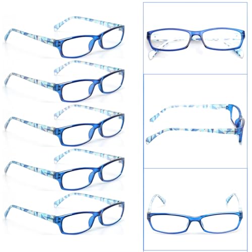 Image of Kerecsen Reading Glasses 5 Pairs Fashion Ladies Readers Spring Hinge with Pattern Print Eyeglasses for Women (Blue, 3.0, x)