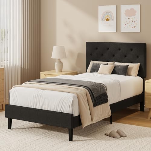 Image of HOMBCK Single Bed Frame, 90 x 190 cm, with Adjustable Upholstered Headboard, Heavy Duty 256kg Weight Capacity, Easy Assembly, No Box Spring Needed, Grey