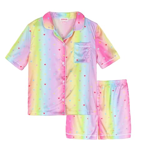 JESKIDS Girls Boys Satin Pajamas Sets Kids Silk Sleepwear Summer Nightwear 4-13 Years Rainbow Heart 10-11 Years
