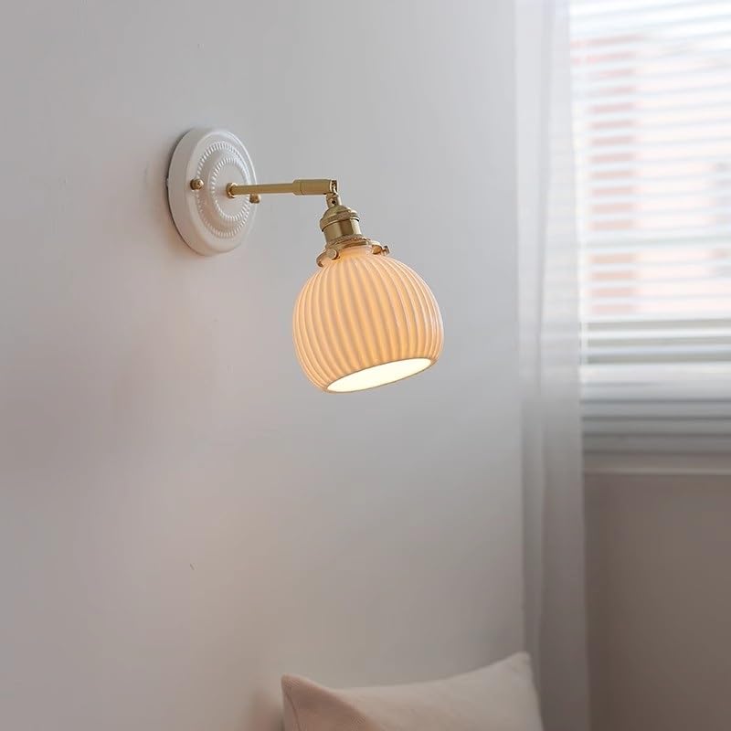 Aplique de Pared con decoración Acanalada Blanca, Pantalla de cerámica nórdica, lámpara de Pared para Interiores, iluminación de Pared para mesita de Noche y Dormitorio.