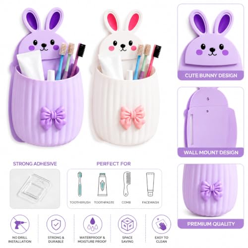 Image of Cute Rabbit Wall Mounted Toothbrush Holder | Self Adhesive Bathroom Organizer for Toothbrush, Toothpaste, Comb & Makeup Brushes | Bathroom Accessories for Kids & Home (Purple White Rabbit)