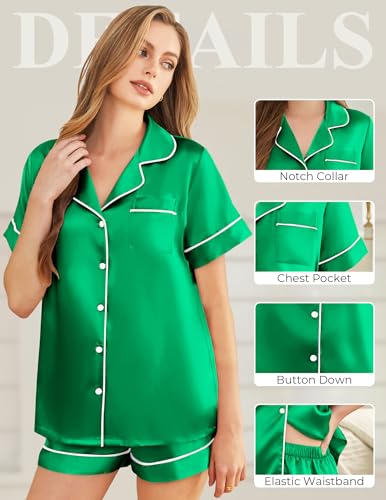 Image of Silk Pajamas for Women Short Sleeve Sleepwear Soft Button Down Loungewear 2 Piece Satin Pjs Shorts Set S-XXL