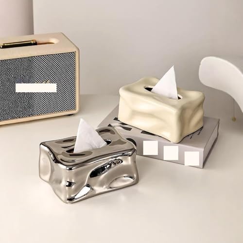 Porta fazzoletti in ceramica con texture irregolare, dispenser bianco argento per la decorazione della scrivania di casa e ufficio