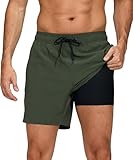 outfit spring Bañador Hombre Secado Rápido con Bolsillo, Pantalones Cortos de Natación 2 en 1 con Forro de Compresión, Bañadores Deportivos para Playa, Piscina y Entrenamiento, C0 Verde Militar, XL