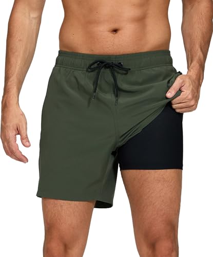 outfit spring Badehose Herren Schnelltrocknend mit Reißverschlusstasche, 2-in-1 Badeshorts für Herren mit Kompressions-Innenhose, Boardshorts Männer für Strand, Pool & TrainingC0 Armeegrün, XXL