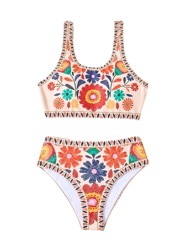 Girl's 2 Piece Boho Floral Print Swimsuit Cute Scoop Neck Bathing Suit Bikini Sets Swimwear