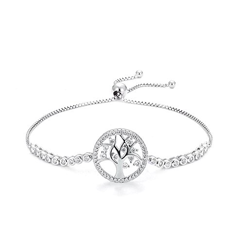 Round Tree of Life Tennis Bracelet Sterling Silver 925 Cubic Zirconia CZ Adjustable Anchor Chain 10"3