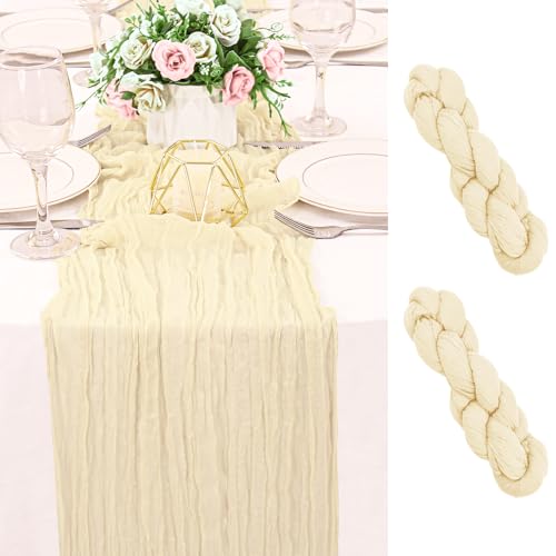 2 Pack 120 Inch Beige Cheesecloth Table Runner Boho Rustic