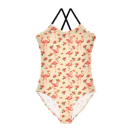 senya Girls Swimsuits One-Piece Swimwear Tie Bathing Suit Beach Summer Round Neck 9-10T Flamingos and Flowers On Striped