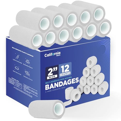 Image of California Basics Self Adhesive Bandage Wrap - Self Adhering Non Woven Cohesive Bandage Rolls - Stretch Wrap - Multi Colored Athletic Tape for Wrist - Waterproof (2 inch- 12 Pack- White)