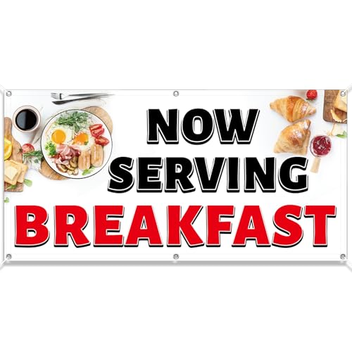 Tudomro 2x4 Feet NOW SERVING BREAKFAST Banner Sign Fabric Polyester With Grommets