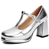 MJIASIAWA Bout Rond Mary Jane Femme Salomés Bloc Pumps Boucle Mariage Elegant Plateforme Brogue Shoe Argent Taille 40.5 EU/42 Asiatique