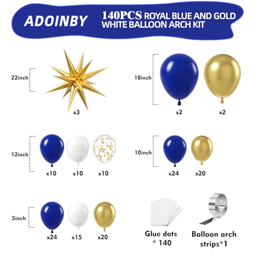 Image of Blue and Gold Balloon Arch Kit, Explosion Star Royal Dark Blue and Metallic Gold White Balloons 22 18 12 10 5 Inch Different Size Balloons for Anniversary Wedding New Year Birthday Decorations