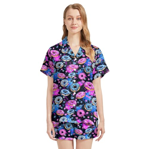 Image of Funny Satin Pajamas Set for Women Button Down Sleepwear Print Pjs Set 2 Piece Short Sleeve Loungewear Gift for Women