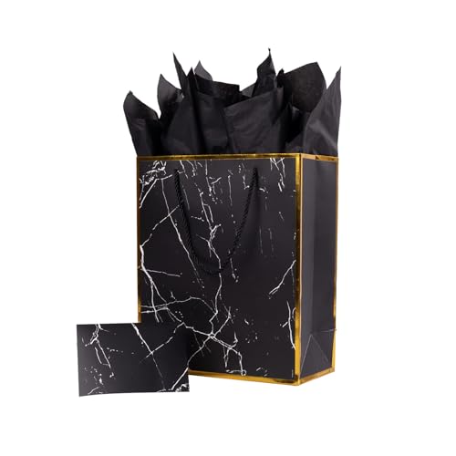 ysmile Marble Black 12" Large Gift Paper Bag with Tissue Paper for Men Birthday Favor