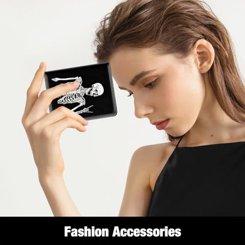 Image of Rouidr Womens Wallet, RFID Small Slim Wallet for Women, Cute Bifold Leather Pocket Credit Card Holder Ladies Mini Purse with Zipper Coin Pocket & ID Window, Abstract Skull
