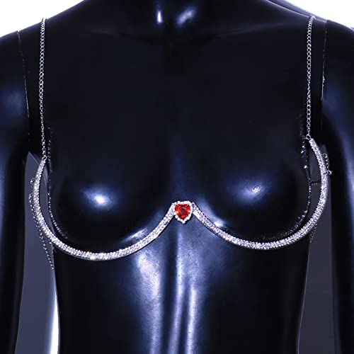 Rhinestone Chest Bracket Bra Chain Body Jewelry Bikini Crystal Heart Body Chain Rhinestone Underwear Chain Sexy Lingerie Chest Chain For Women Girls (Heart) #TOP2