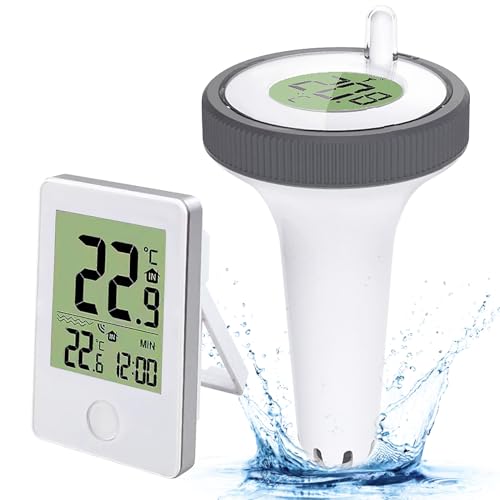 Funk Thermometer für Pools, Poolthermometer Digitales, Pool Thermometer mit Poolsensor, LCD-Display &Temperatur Luftfeuchtigkeit Monitor, Schwimmend Thermometer für Badewannen, Fischbecken, Teich