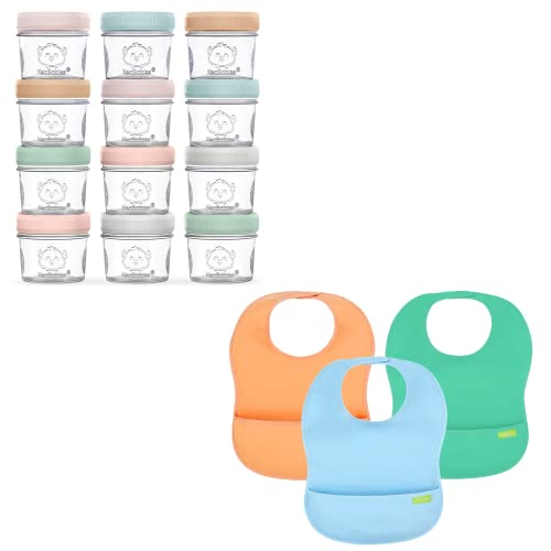 Keababies 12-Pack Glass Baby Food Containers And 3-Pack Waterproof Baby Bibs For Eating - Leak-Proof Baby Food Storage Containers - Lightweight Baby Bib With Food Catcher #TOP17