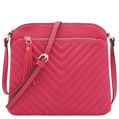 FashionPuzzle Chevron Quilted Medium Crossbody Bag with Tassel Accent, Fuchsia, One size