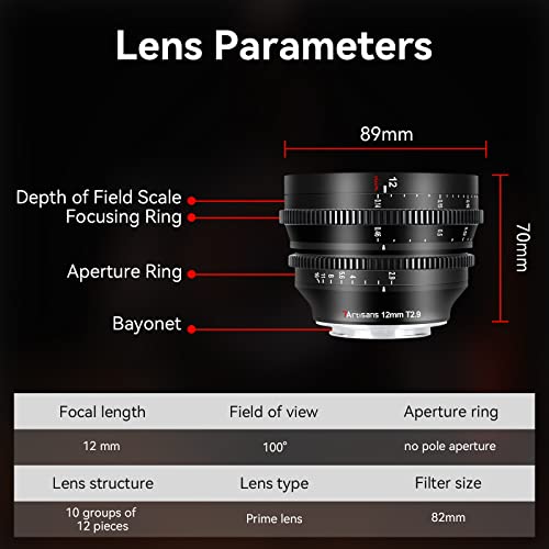 7artisans Lente cinematográfica ultra grande angular APS-C de 12 mm T2.9 de abertura grande compatív