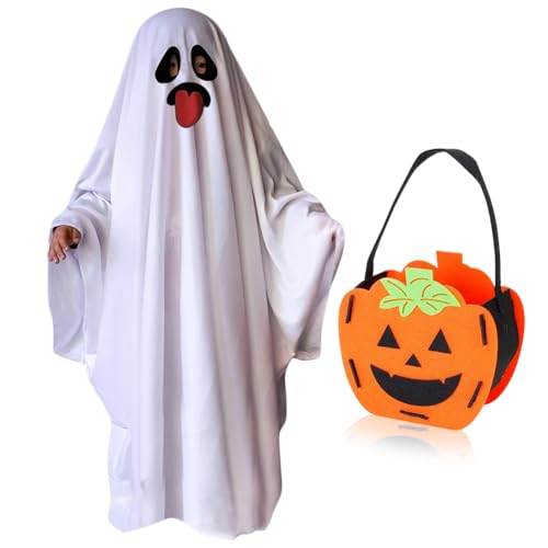 SYTTNUM Costume de Fantôme Halloween Enfant,Blanc Déguisement Fantôme, avec Sac Citrouille,Sorciere Enfant Costume de Fantôme,Halloween Costume de Cosplay