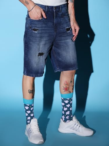 Image of The Indian Garage Co Men Regular Fit Solid Mid-Rise Denim Shorts