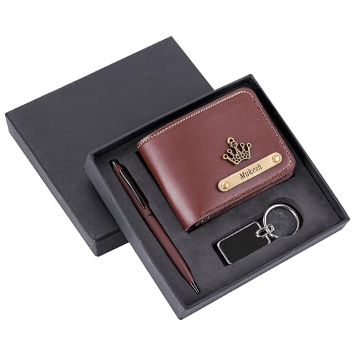 Image of Personalized Name Wallet, Pen & Keychain Combo for Men (Brown) | Customised Mens Wallet Name Engraved with Charm | Customized Corporate Gift Set for Office | Personalised for Husband, Boys