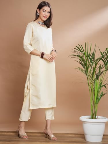 Image of VredeVogel Women's Cotton Silk Blend Straight Kurta Trouser With Dupatta Set