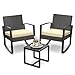 Qsun 3 Pieces Porch Furniture Set Patio Rocking Bistro Set Outdoor Patio Chairs Rattan Conversation Sets with Coffee Table for Front Porch Garden Balcony Backyard Poolside (Beige Cushion)