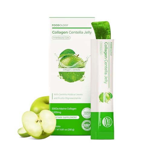 FOODOLOGY Collagen Centella Jelly (Green Apple) Collagen Peptide with PDRN Biotin Vitamin A & E for Skin Glow Hair & Nails Korean Beauty Supplement 10 Sticks