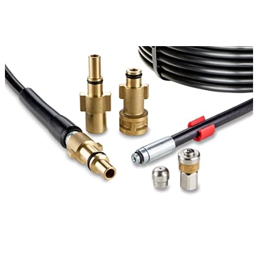 Avloppsrör för högtryckstvätt 15 m, 200 bar - Bosch kompatibel illersats, Black+Decker, Nilfisk, Makita - med fast munstycke, KNOFER roterande munstycken