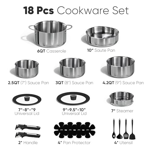 Image of CAROTE 18pcs Stainless Steel Cookware Set with Detachable Handle, Nonstick Pots and Pans Set, Induction Kitchen Cookware Sets with Removable Handle, RV Cookware Set, Oven Safe, Camping Cookware, Black