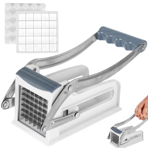 HSHGZSR French Fry Cutter Multifunction Potato Chipper Stainless Steel Cutting Potato Chip Cutter Handheld Vegetable Fruit Chipper Manual Food Slicer Dicer with 25/49 Holes Blades for Potato (blue)