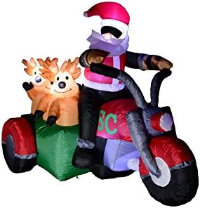Fun City Christmas Lighted Airblown Inflatable Santa Riding Motorcycle w. Reindeers 5ft (KS0062)