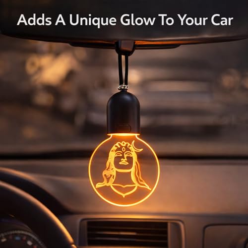 Image of YOURKARTS.COM Car Rear View Mirror Hanging LED Adiyogi Shiva Light, USB Rechargeable Car Hanging Pendant, Spiritual Car Interior Decoration Accessory (Warm Light)