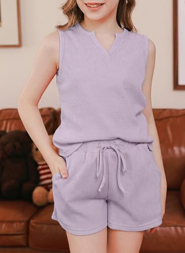 Image of blibean Girls Summer Clothes Set Kids Waffle Pockets Cotton Outfit Size 4-13 Years