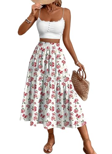 Boho Floral Midi Skirts for Women Casual A line Elastic High Waist Swing Summer Cute Long Beach Party Skirts
