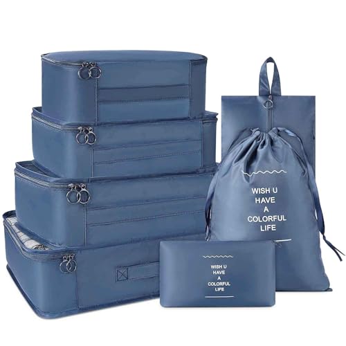 Image of 7 Pcs Foldable Luggage and Laundry Bag Pouch Waterproof Travel Toiletry Organizer Garment Storage Bag Portable Packing Cubes Storage Bag (1 Pc) (Grey) (NAVY BLUE)