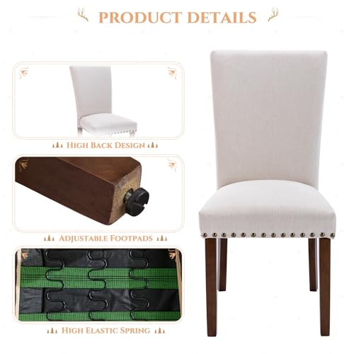 Image of Set of 4 Beige Upholstered Dining Chairs, Farmhouse Kitchen Chairs with High Back Support, Solid Rubberwood Legs, Comfortable Padded Seat, Bronze Nailhead Trim, Dining Room Chairs for Family Meals