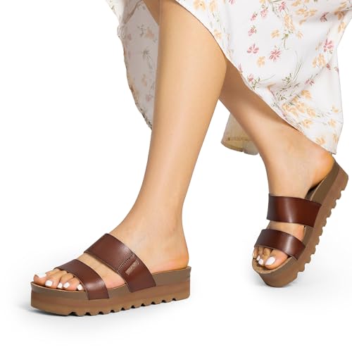 DREAM PAIRS DREAM PAIRS Women's Platform Wedge Sandals with Arch Support, Comfortable Beach Slip-on Flat Sandals, Casual 2-Strap Cork Cushion Slides for Women,Size 6,Brown-Pu,SDPW2415W