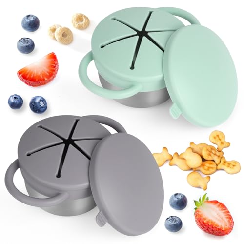 Daximo 2 Pack Snack Cups for Toddlers Spill Proof - Detachable Stainless Steel Toddler Snack Cups with Silicone Lids & Handles - Dishwasher Safe Baby Snack Containers (Matte Gray and Mint Green)