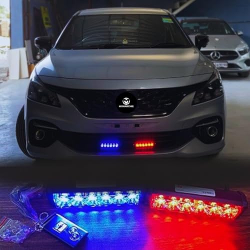 Image of MONARCHIE 12 LED Strobe Flasher Federal Light | Police PCR Red /Blue & White Emergency Hazard Warning Light for Cars | Aluminium Body | Battery Powered | 12 Volts