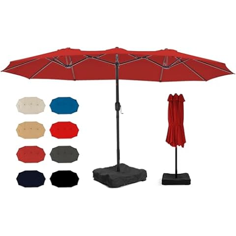 wikiwiki 15ft Large Patio Umbrellas with Base Included, Outdoor Double-Sided Umbrella with Crank Handle, Powerful UV Protective, for Pool Lawn Garden, Burgundy Red Cover