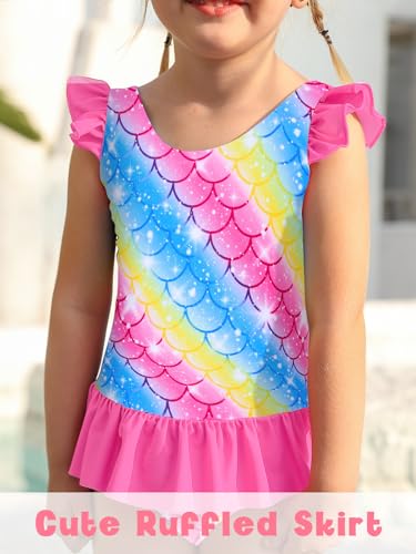 Image of Toddler Girls One Piece Ruffle Swimsuit Mermaid Bathing Suit 2-7Y | UPF 50+ quick-dry girls swimsuit,Cute flutter sleeves and ruffled hem,Mermaid Swimwear for pool,party,beach vacation.