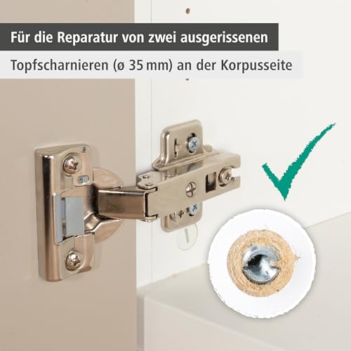 wolfcraft Reparaturset für Topfscharniere – Korpusseite, 11-tlg. I 4657000 I Zur Reparatur von zwei ausgerissenen Scharnieren am Korpus