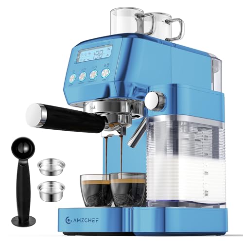 AMZCHEF Espresso Machine with Auto Milk Frother, 20 Bar Cappuccino & Latte | Professional Home Coffee Maker with Dual Wall Filters, LCD Display, Stainless Steel