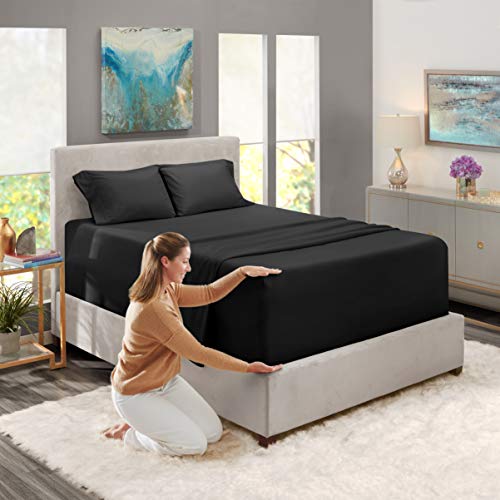 Image of Nestl California King Bed Sheet Set - Black - 4-Piece Extra Deep Pocket | Instantly Soft, Night-One Ready (No Wash Required). Fits Extra Deep Pockets up to 24 Inches, 360-Degree Elastic Grip