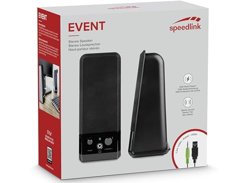 Speedlink EVENT Stereo PC Speaker - PC Lautsprecher mit Klinkenstecker 3,5mm, Computer Boxen Aktiv, 12 Watt, für Büro, Office, PC, Desktop, Notebook, Laptop, schwarz